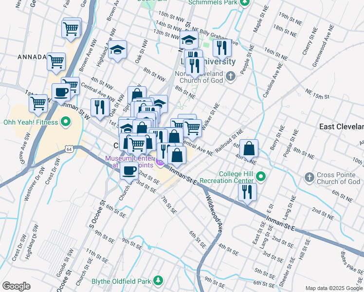 map of restaurants, bars, coffee shops, grocery stores, and more near 301 Central Avenue Northeast in Cleveland