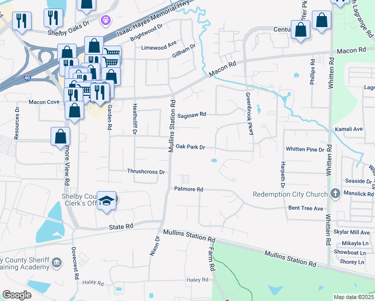 map of restaurants, bars, coffee shops, grocery stores, and more near 6438 Oak Park Drive in Memphis