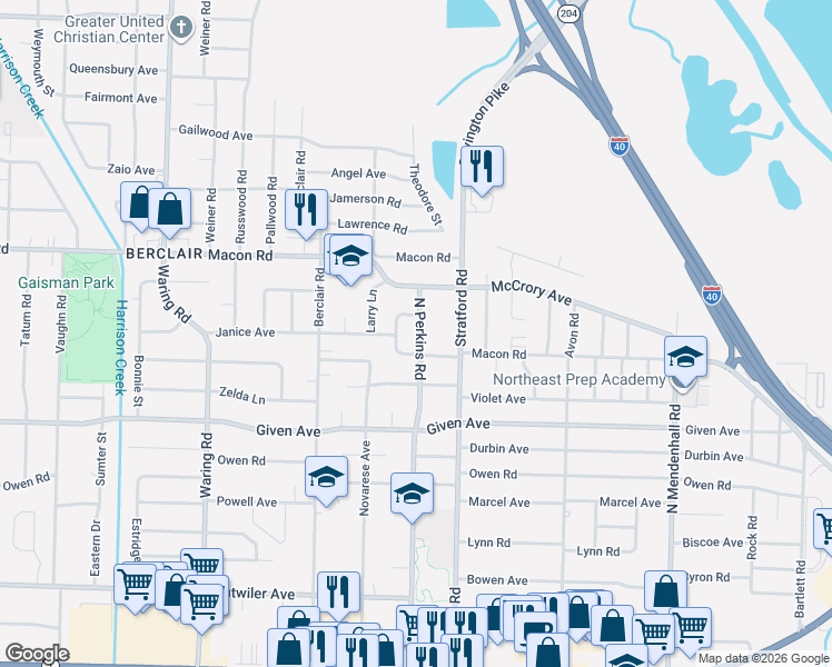 map of restaurants, bars, coffee shops, grocery stores, and more near 1050 North Perkins Road in Memphis