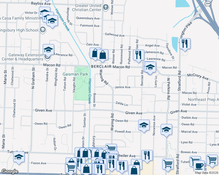 map of restaurants, bars, coffee shops, grocery stores, and more near 1044 Waring Road in Memphis