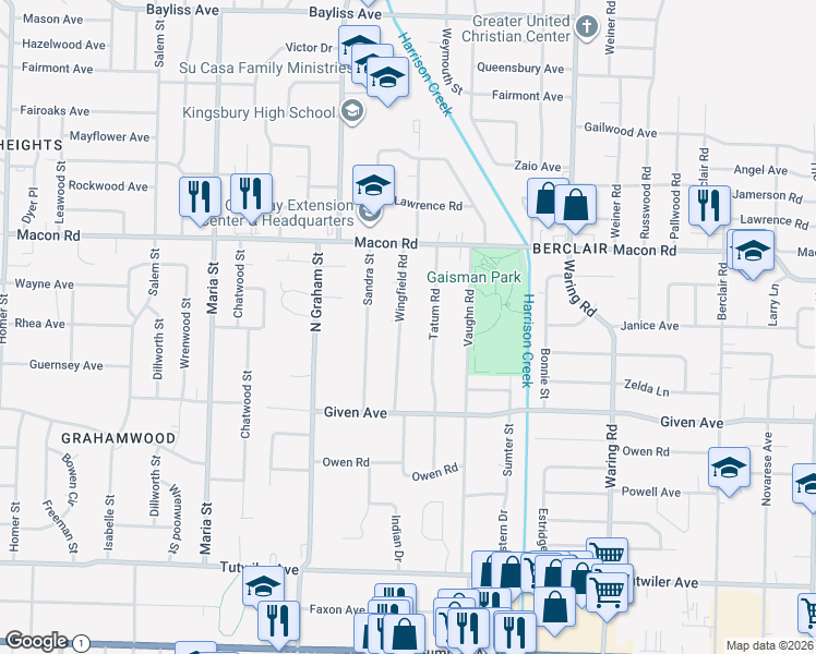 map of restaurants, bars, coffee shops, grocery stores, and more near 1040 Wingfield Road in Memphis