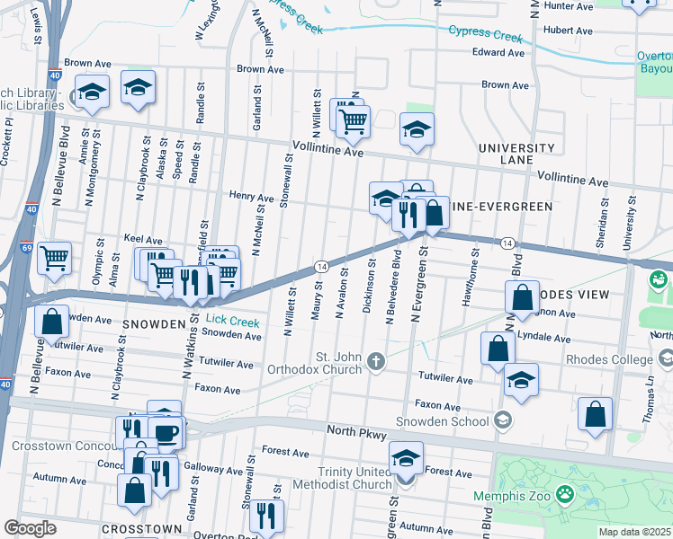map of restaurants, bars, coffee shops, grocery stores, and more near 1607 Tennessee 14 in Memphis