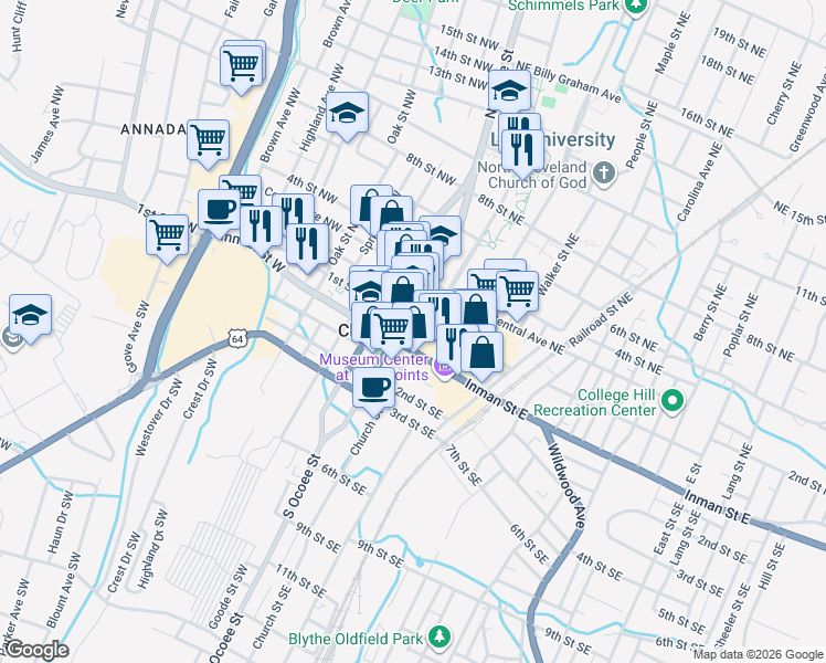 map of restaurants, bars, coffee shops, grocery stores, and more near 19 Church Street Northeast in Cleveland