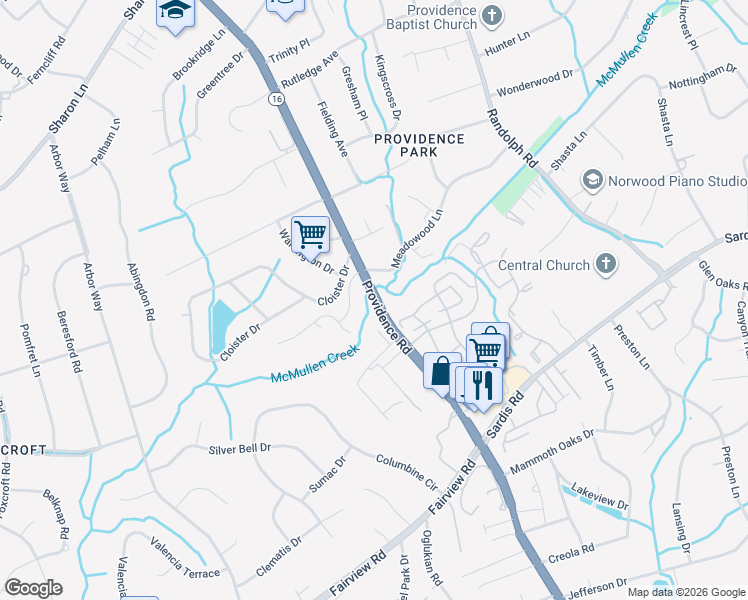 map of restaurants, bars, coffee shops, grocery stores, and more near 3904 Providence Road in Charlotte