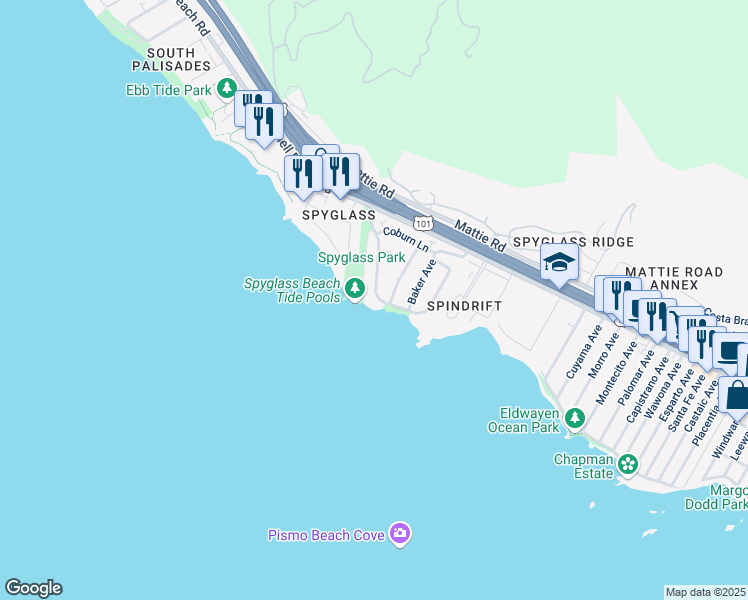 map of restaurants, bars, coffee shops, grocery stores, and more near 188 Seacliff Drive in Pismo Beach