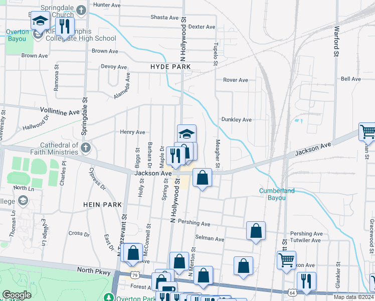 map of restaurants, bars, coffee shops, grocery stores, and more near 880 North Hollywood Street in Memphis