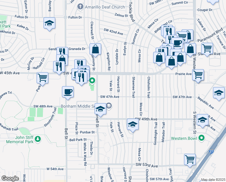 map of restaurants, bars, coffee shops, grocery stores, and more near 4512 Harvard Street in Amarillo