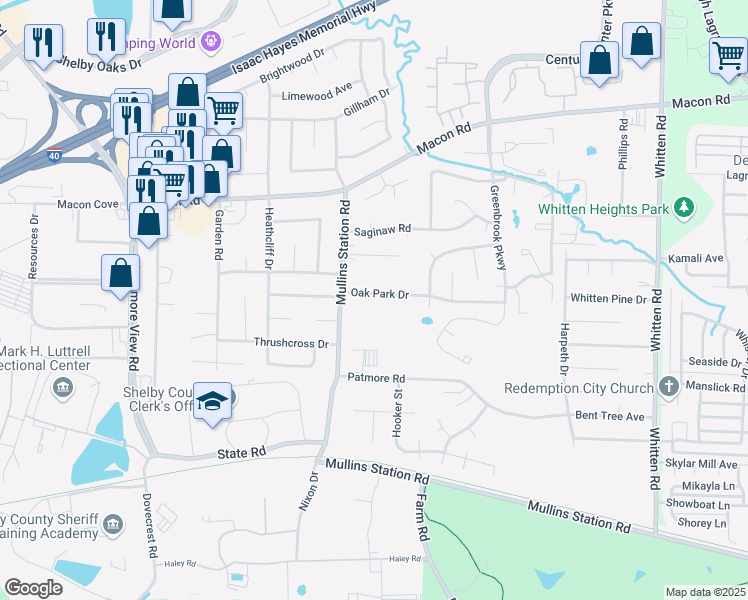 map of restaurants, bars, coffee shops, grocery stores, and more near 6438 Oak Park Drive in Memphis