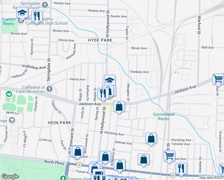 map of restaurants, bars, coffee shops, grocery stores, and more near 880 North Hollywood Street in Memphis