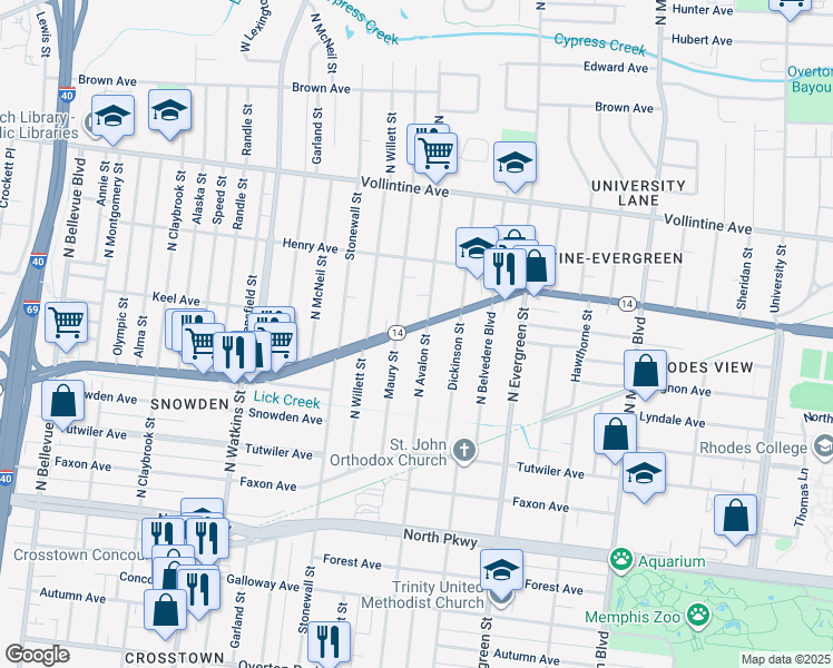 map of restaurants, bars, coffee shops, grocery stores, and more near 1607 Tennessee 14 in Memphis