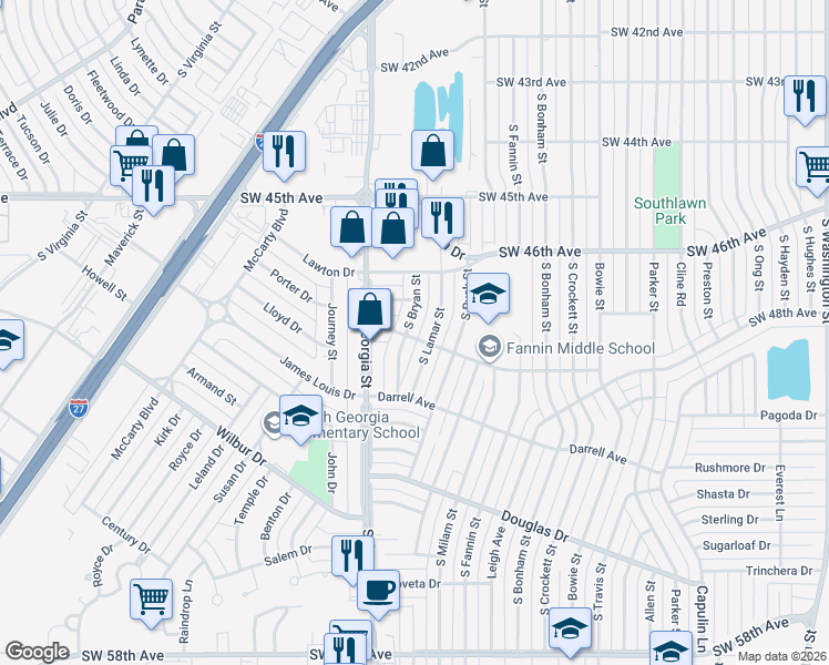 map of restaurants, bars, coffee shops, grocery stores, and more near 4614 South Bryan Street in Amarillo