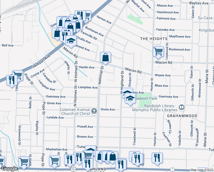 map of restaurants, bars, coffee shops, grocery stores, and more near 3439 Henry Avenue in Memphis
