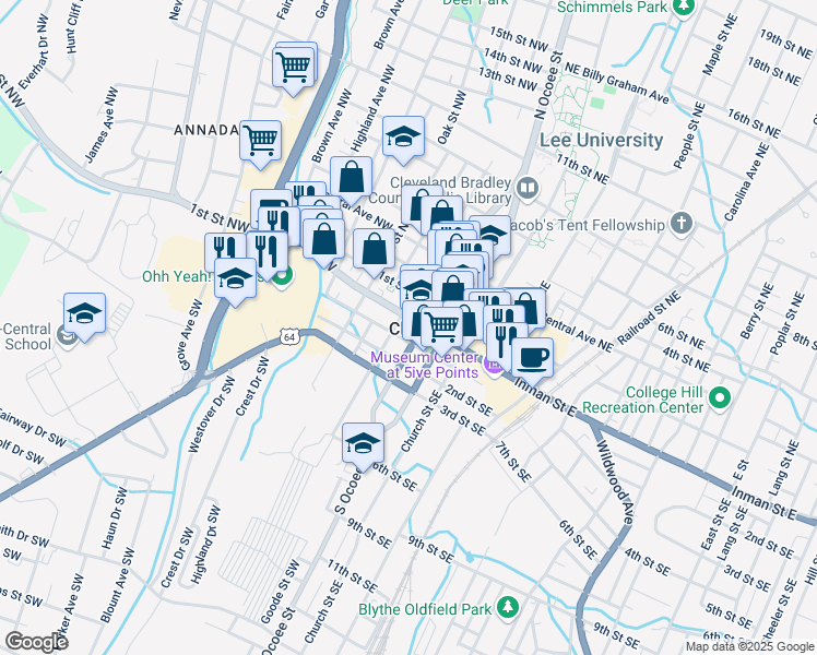 map of restaurants, bars, coffee shops, grocery stores, and more near 20 Broad Street Southwest in Cleveland