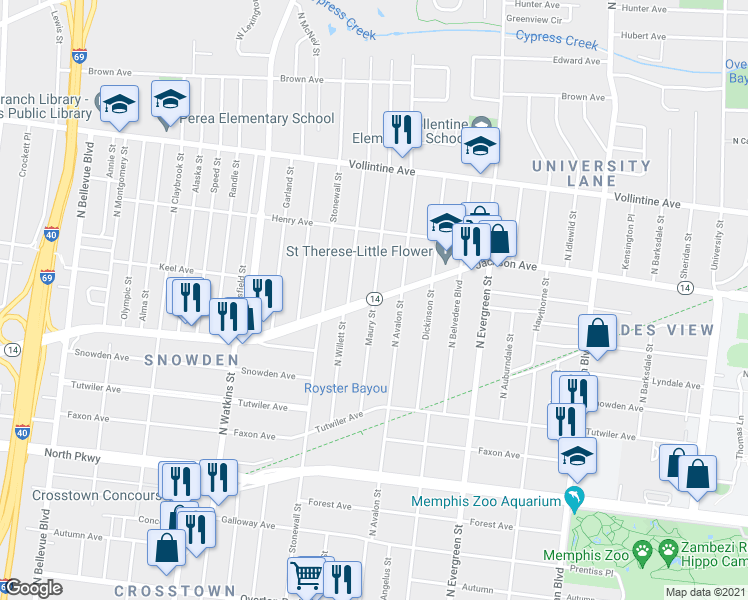 map of restaurants, bars, coffee shops, grocery stores, and more near Jackson Ave & Maury St in Memphis