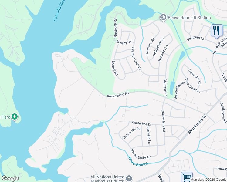 map of restaurants, bars, coffee shops, grocery stores, and more near 7010 Rock Island Road in Charlotte