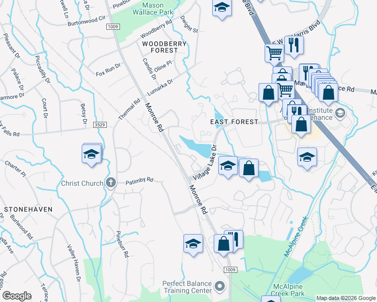 map of restaurants, bars, coffee shops, grocery stores, and more near 8135 Cedar Glen Drive in Charlotte