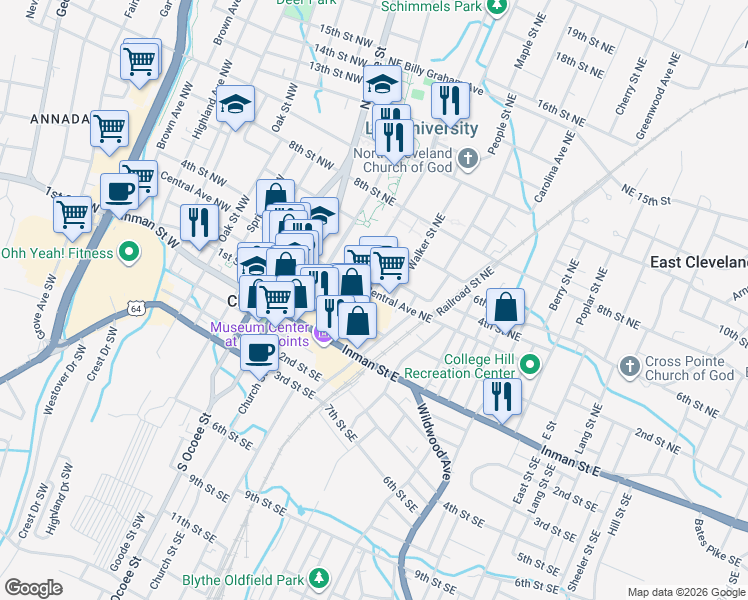 map of restaurants, bars, coffee shops, grocery stores, and more near 301 Central Avenue Northeast in Cleveland