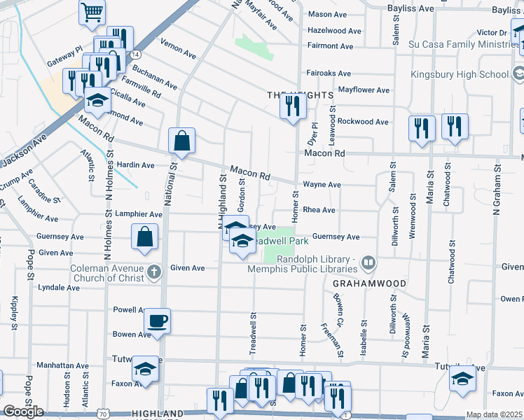 map of restaurants, bars, coffee shops, grocery stores, and more near 1030 Treadwell Street in Memphis