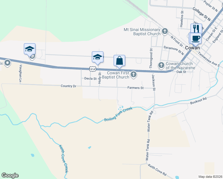 map of restaurants, bars, coffee shops, grocery stores, and more near 105 Country Drive in Cowan