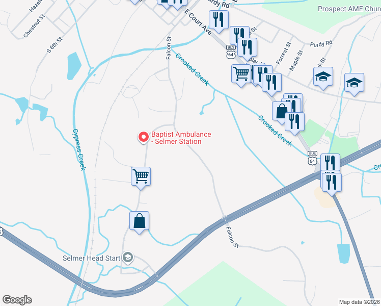 map of restaurants, bars, coffee shops, grocery stores, and more near 115 Falcon Street in Selmer