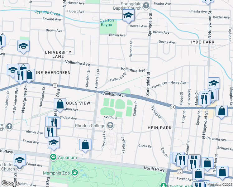 map of restaurants, bars, coffee shops, grocery stores, and more near Jackson Avenue in Memphis