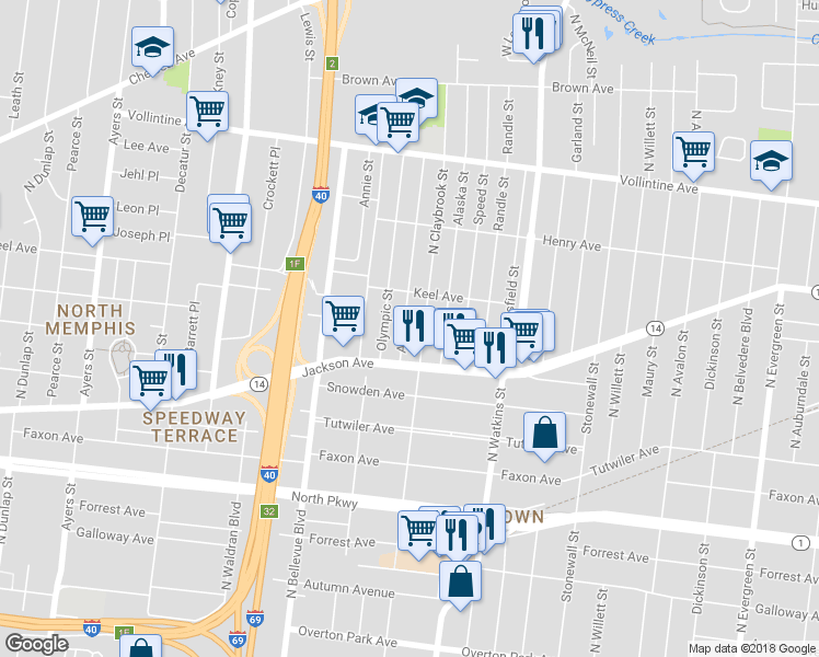 map of restaurants, bars, coffee shops, grocery stores, and more near 756 Alma Street in Memphis