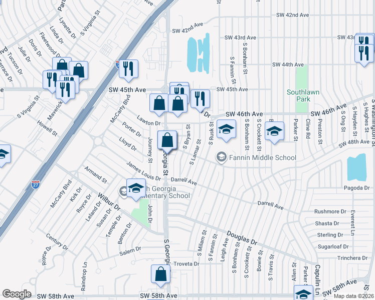 map of restaurants, bars, coffee shops, grocery stores, and more near 4614 South Bryan Street in Amarillo