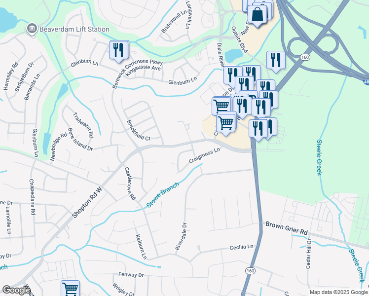 map of restaurants, bars, coffee shops, grocery stores, and more near 9849 Shopton Road West in Charlotte
