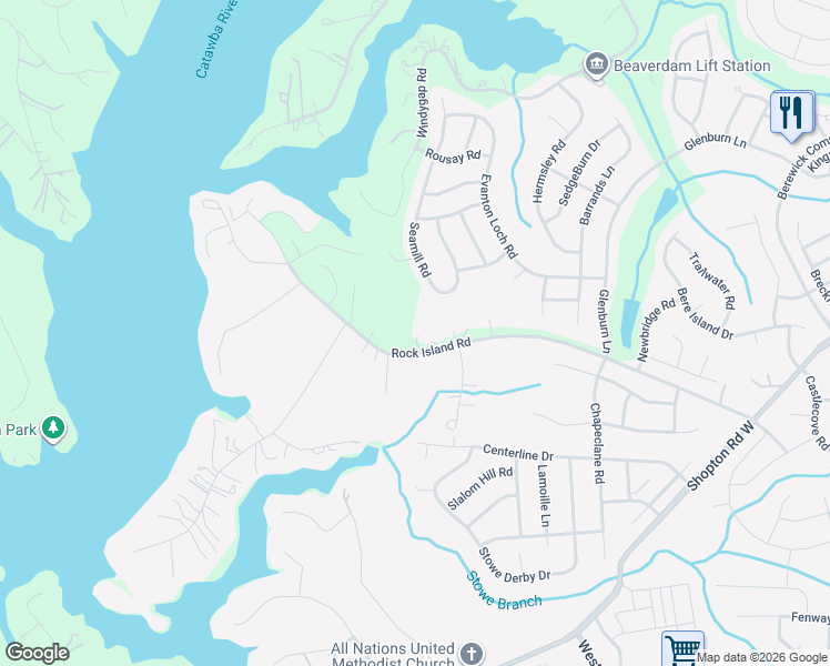 map of restaurants, bars, coffee shops, grocery stores, and more near 7010 Rock Island Road in Charlotte