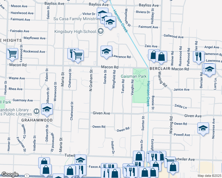 map of restaurants, bars, coffee shops, grocery stores, and more near 1044 Sandra Street in Memphis