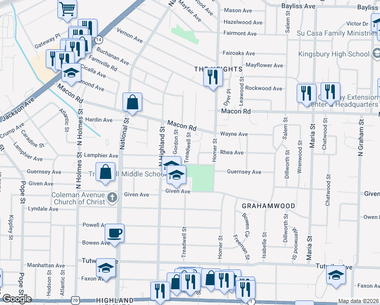 map of restaurants, bars, coffee shops, grocery stores, and more near 1030 Treadwell Street in Memphis