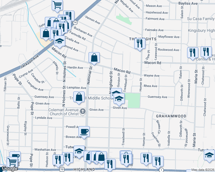 map of restaurants, bars, coffee shops, grocery stores, and more near 1021 North Highland Street in Memphis