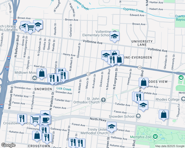 map of restaurants, bars, coffee shops, grocery stores, and more near 1607 Tennessee 14 in Memphis