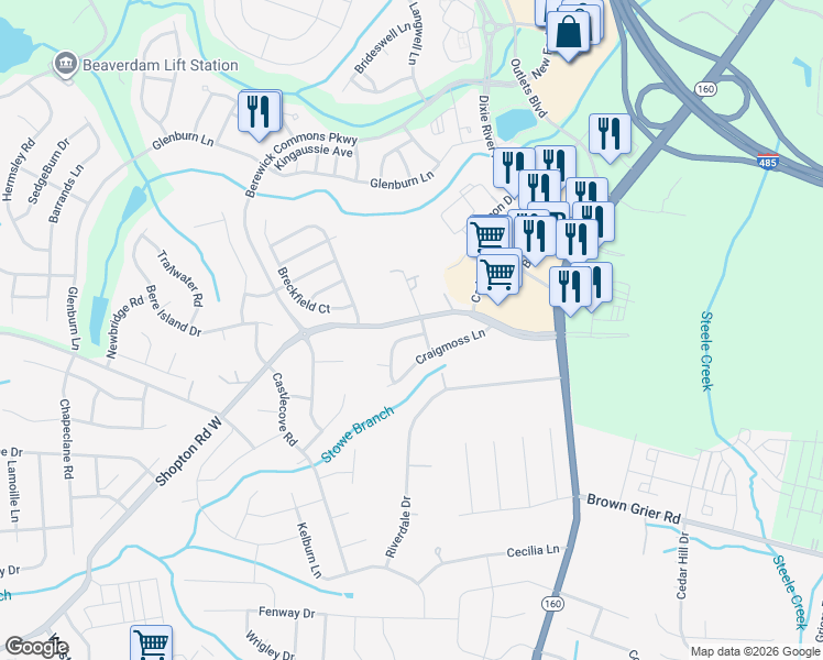 map of restaurants, bars, coffee shops, grocery stores, and more near 9849 Shopton Road West in Charlotte