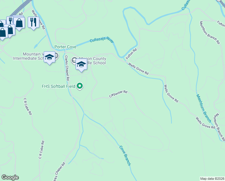 map of restaurants, bars, coffee shops, grocery stores, and more near 560 Angel Cove Road in Franklin