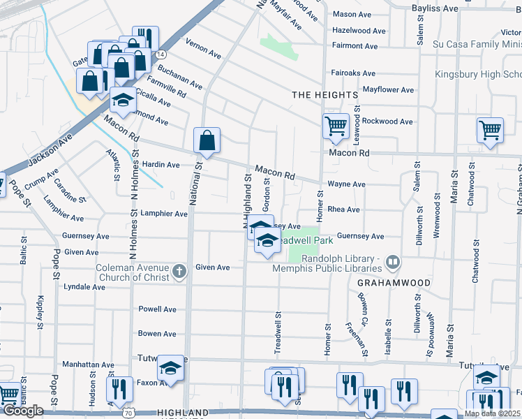 map of restaurants, bars, coffee shops, grocery stores, and more near 1011 Gordon Street in Memphis
