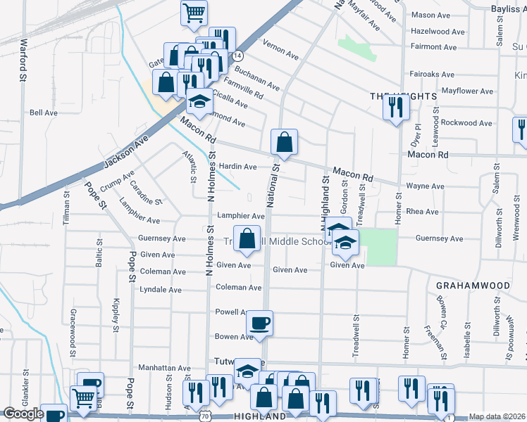 map of restaurants, bars, coffee shops, grocery stores, and more near 1019 National Street in Memphis