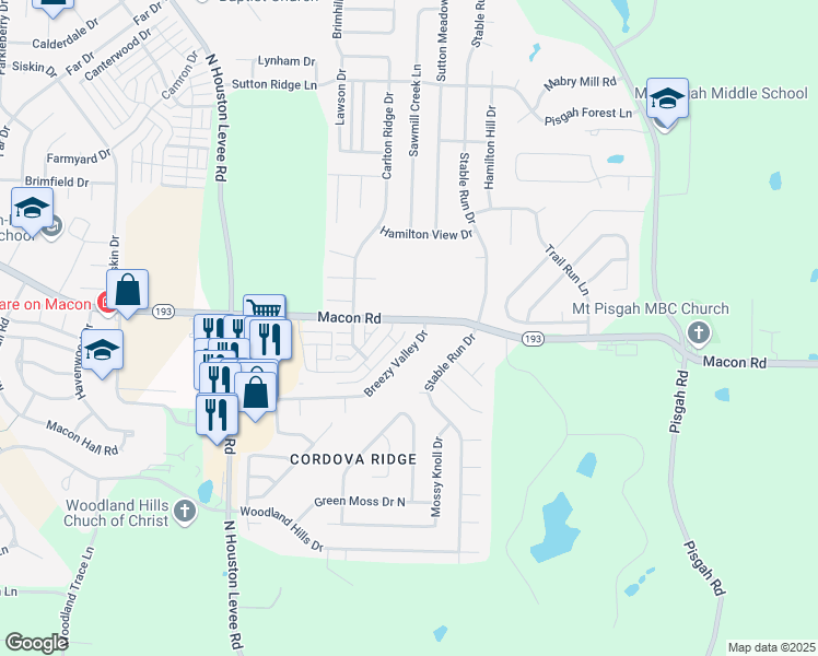 map of restaurants, bars, coffee shops, grocery stores, and more near 10265 Macon Road in Shelby