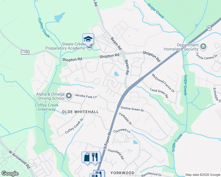 map of restaurants, bars, coffee shops, grocery stores, and more near 2420 Oak Hill Village Lane in Charlotte