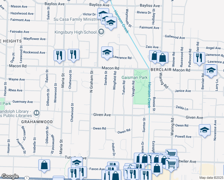 map of restaurants, bars, coffee shops, grocery stores, and more near 1044 Sandra Street in Memphis