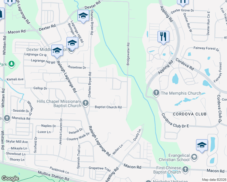 map of restaurants, bars, coffee shops, grocery stores, and more near 7247 Bridgefield Drive in Shelby County