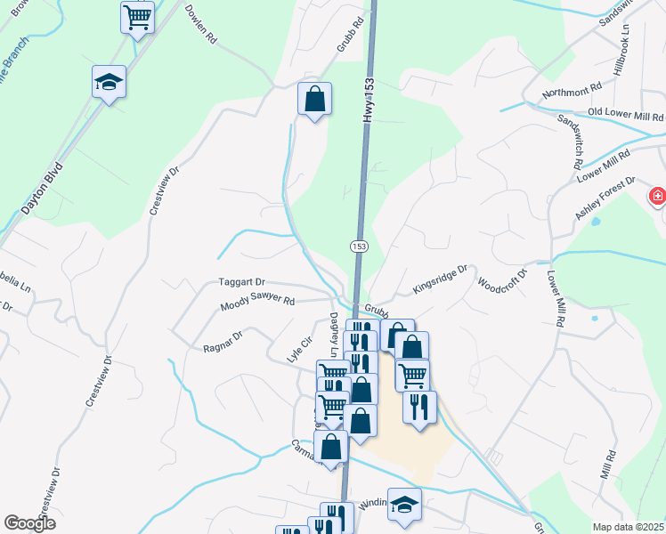 map of restaurants, bars, coffee shops, grocery stores, and more near 6306 Grubb Road in Chattanooga