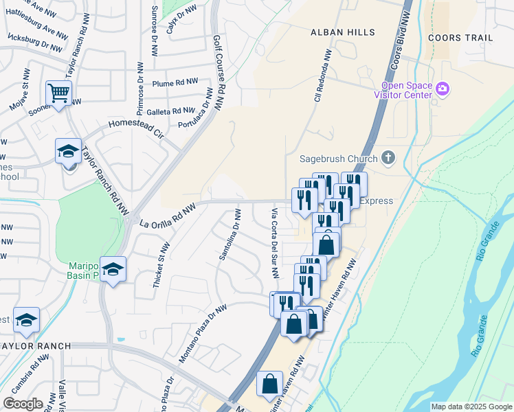 map of restaurants, bars, coffee shops, grocery stores, and more near 6416 Sumac Drive Northwest in Albuquerque