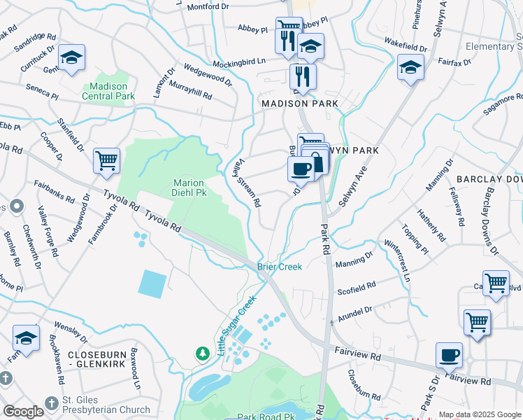 map of restaurants, bars, coffee shops, grocery stores, and more near 5146 Valley Stream Road in Charlotte