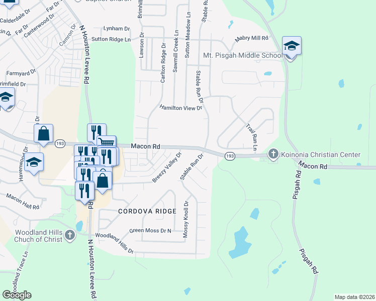map of restaurants, bars, coffee shops, grocery stores, and more near 1266 Breezy Valley Drive in Shelby County