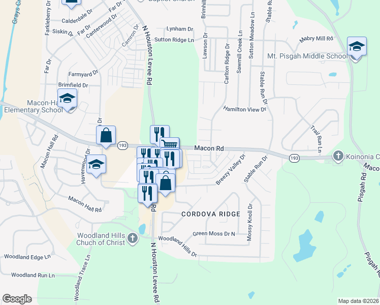 map of restaurants, bars, coffee shops, grocery stores, and more near 10131 Macon Road in Shelby County