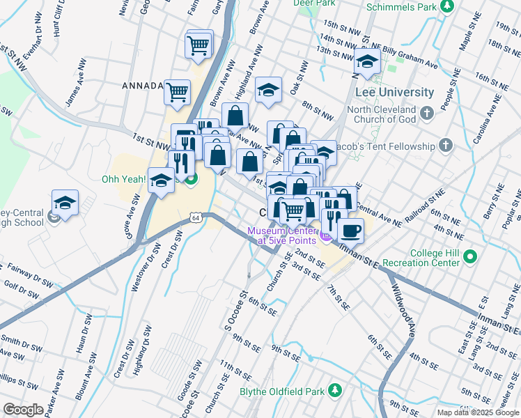 map of restaurants, bars, coffee shops, grocery stores, and more near 20 Broad Street Southwest in Cleveland