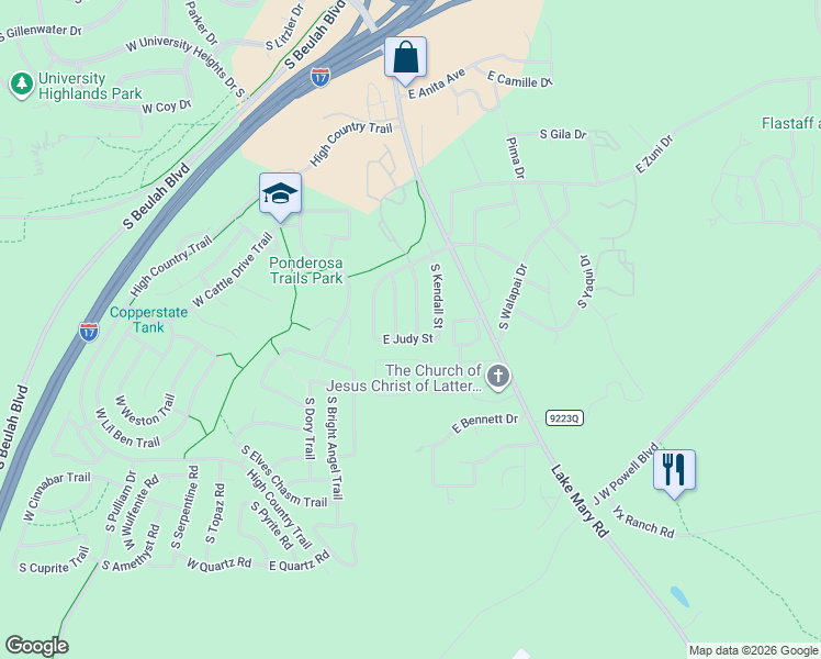 map of restaurants, bars, coffee shops, grocery stores, and more near 4090 South Joseph Street in Flagstaff