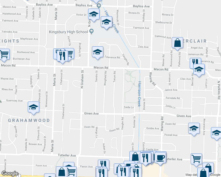 map of restaurants, bars, coffee shops, grocery stores, and more near 3384 Harmony Court in Memphis