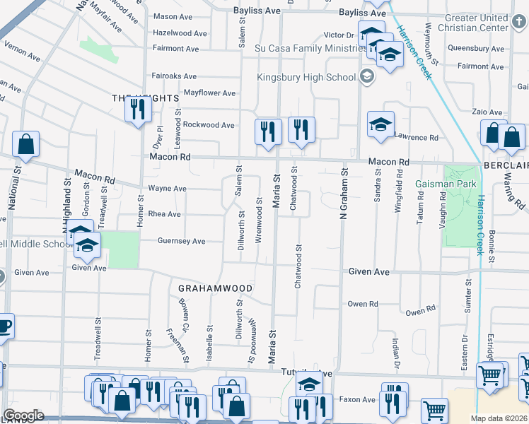 map of restaurants, bars, coffee shops, grocery stores, and more near 1039 Wrenwood Street in Memphis